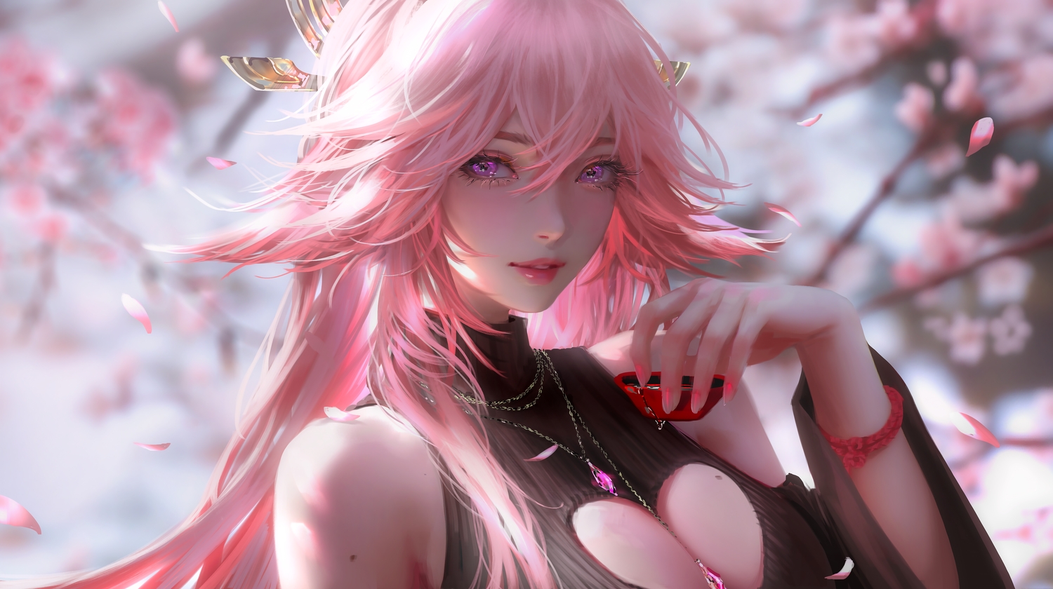 breasts, cherry_blossoms, cleavage, close, drink, flowers, foxgirl, genshin_impact