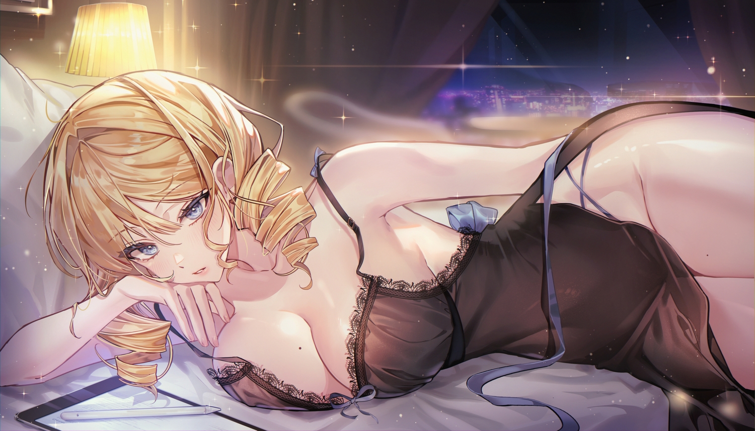 bed, blonde_hair, blue_eyes, blush, bow, breasts, cleavage, computer, dress, night, no_bra, nopan, ribbons, s2mias2