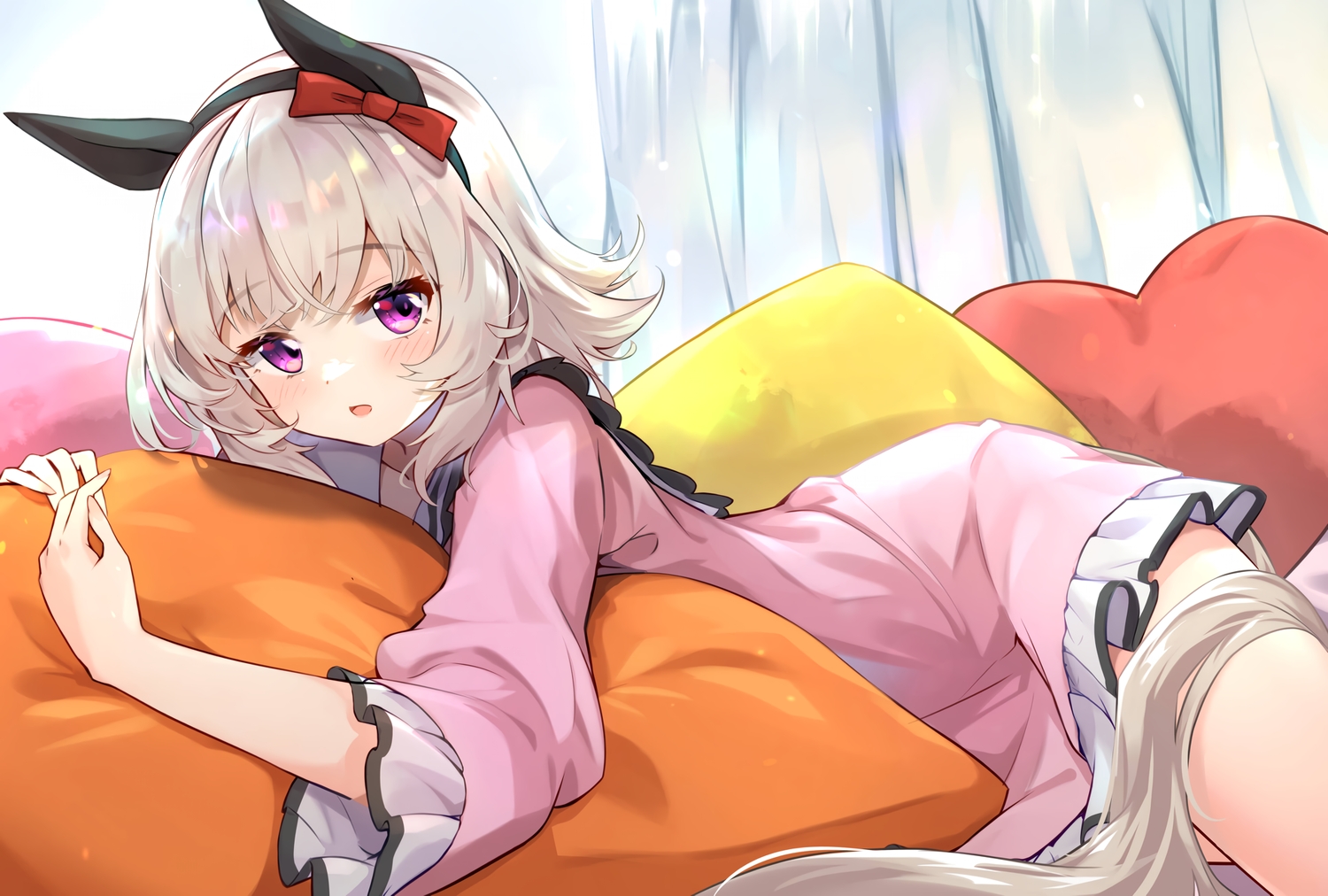 animal_ears, anthropomorphism, blush, bow, curren_chan_(umamusume), dress, gray_hair, headband, meyamu, purple_eyes, short_hair, tail, uma_musume:_pretty_derby