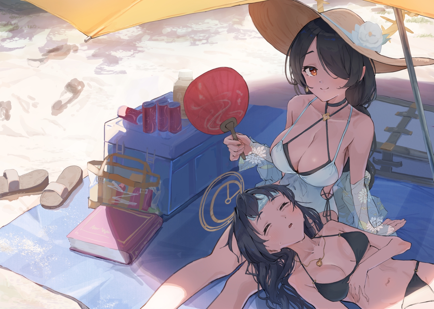 2girls, beach, bikini, black_hair, blue_archive, book, breasts, choker, cleavage, coca_cola, drink, fan, halo, hat, kozeki_ui, long_hair, naka1379, necklace, ponytail, red_eyes, see_through, shade, sleeping, swimsuit, umbrella, wakaba_hinata