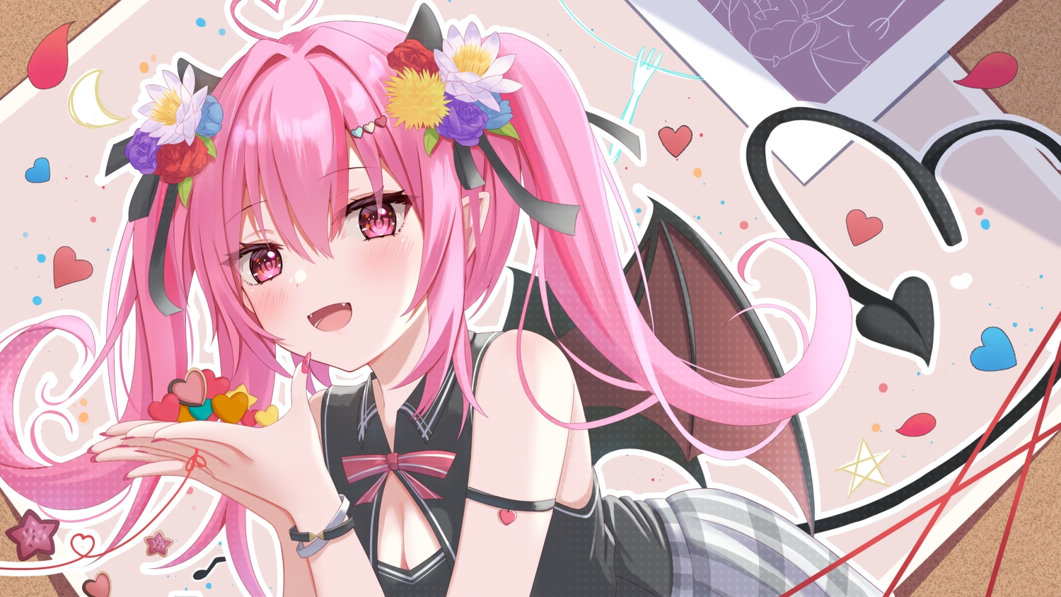blush, bow, breasts, cleavage, close, demon, fang, flowers