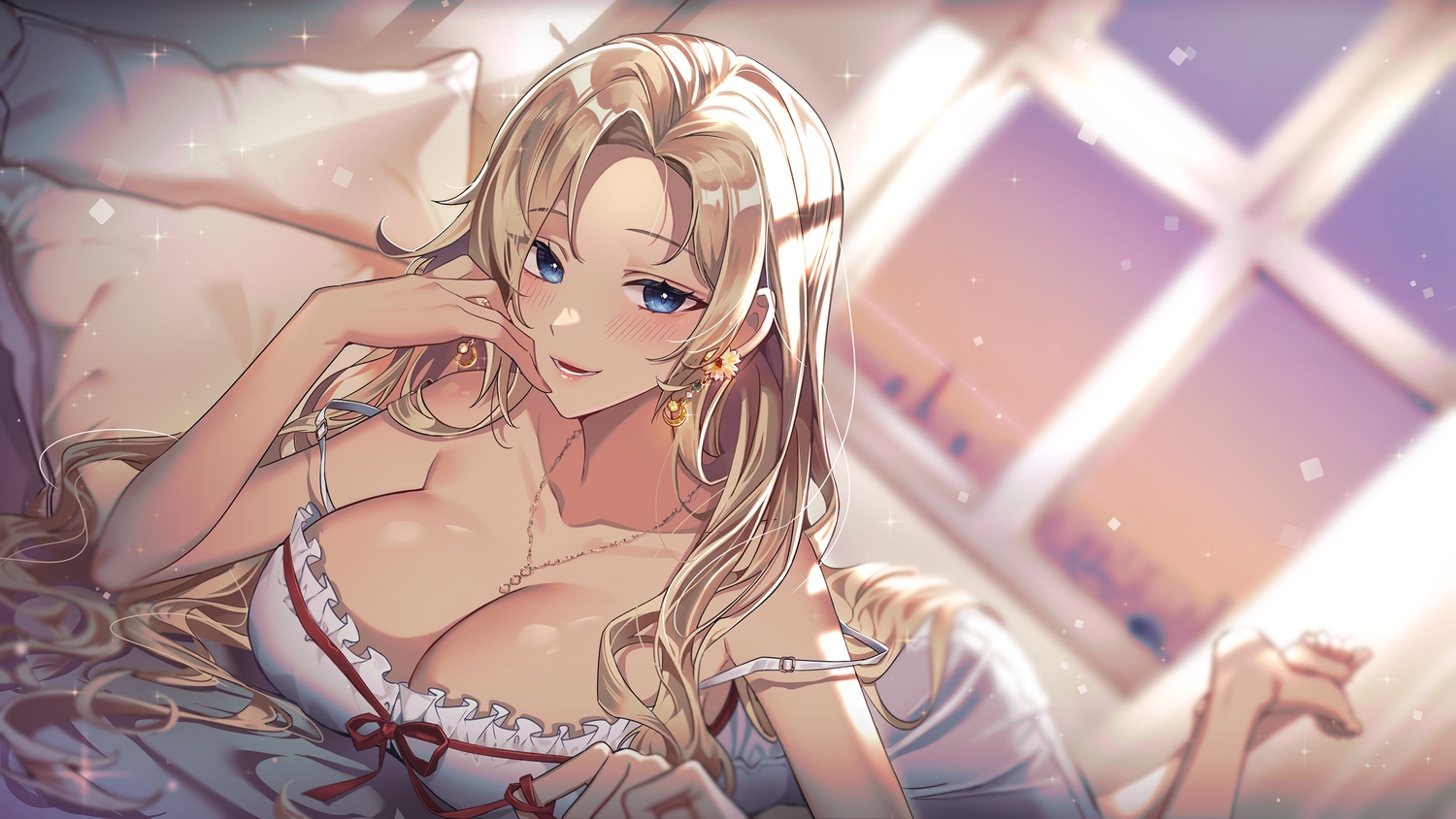 barefoot, bed, blonde_hair, blue_eyes, blush, bow, breasts, cleavage