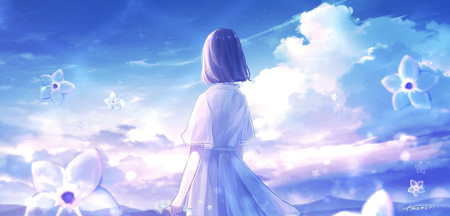 amenomori_howa, clouds, flowers, original, polychromatic, short_hair, signed, sky
