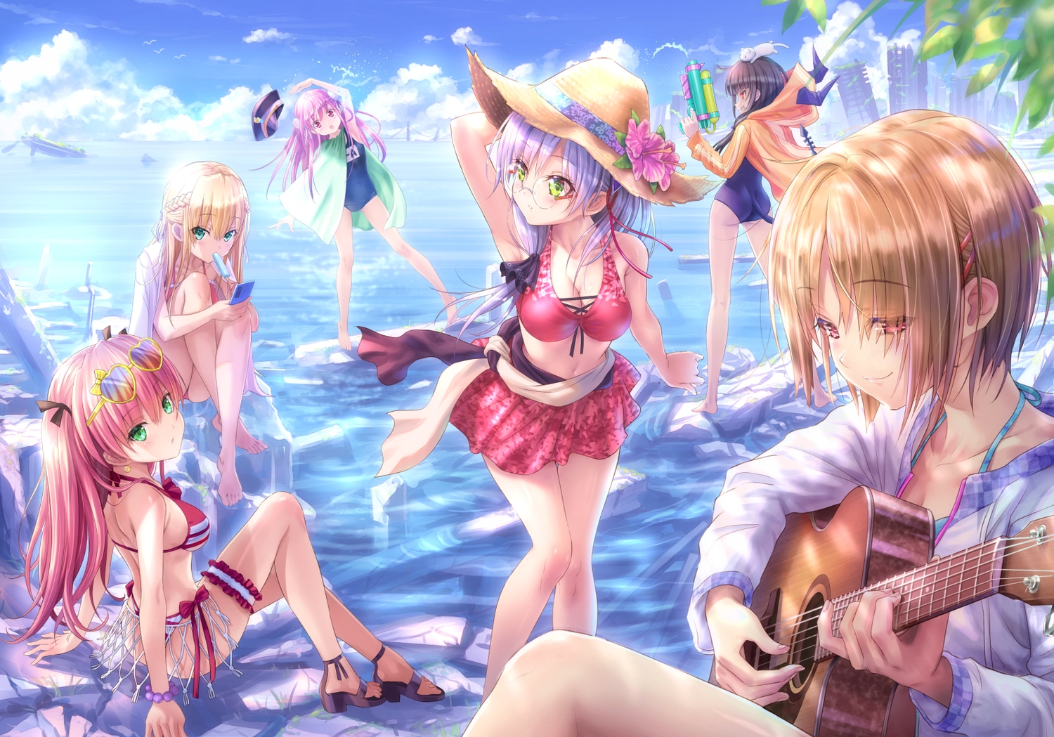 aikawa_megumi, aliasing, aqua_eyes, asakura_karen_(heaven_burns_red), ass, barefoot, bikini, black_hair