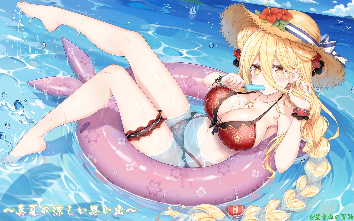barefoot, bikini, blonde_hair, blush, bow, braids, breasts, cleavage