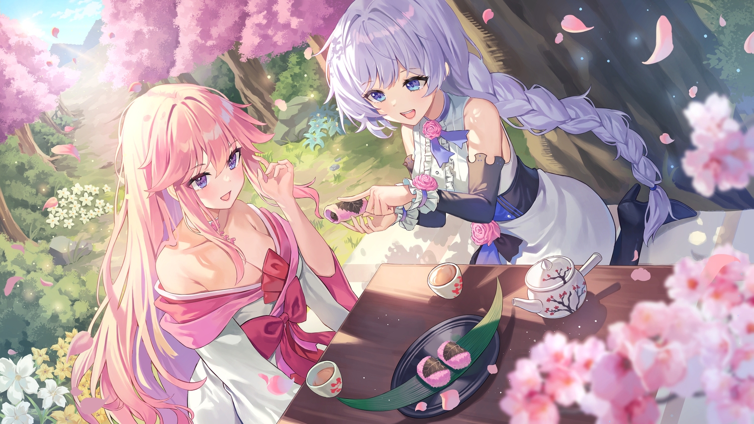 2girls, blue_eyes, bow, braids, breasts, cherry_blossoms, choker, cleavage, dress, drink, flowers, food, grass, gray_hair, greenapple, honkai_impact, honkai_(series), japanese_clothes, kallen_kaslana, kimono, long_hair, petals, pink_hair, ponytail, purple_eyes, tree, yae_sakura_(benghuai_xueyuan)