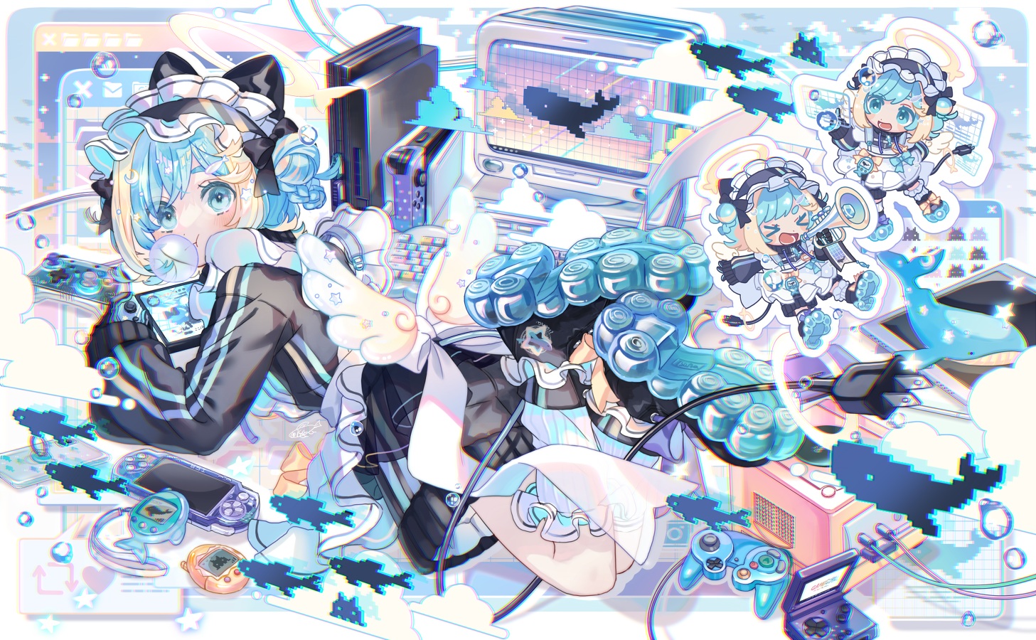 apron, aqua_eyes, aqua_hair, blush, braids, chibi, computer, game_console