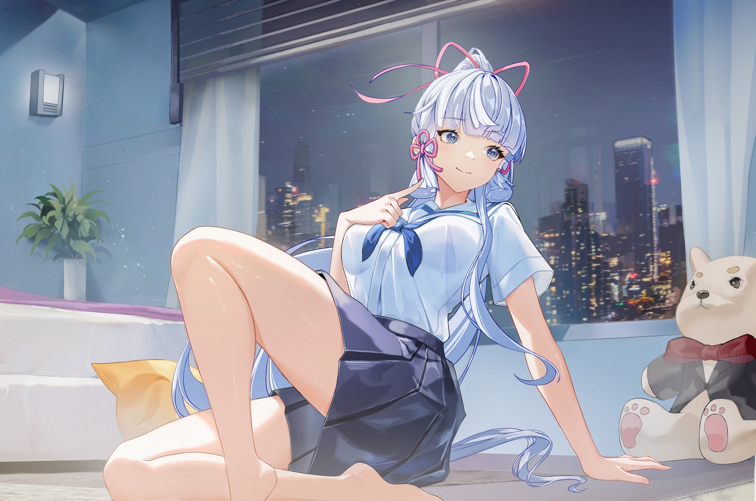 barefoot, blush, building, city, couch, genshin_impact, gray_eyes, gray_hair, kamisato_ayaka, long_hair, night, ponytail, school_uniform, shirt, skirt, teddy_bear, tianzekongming