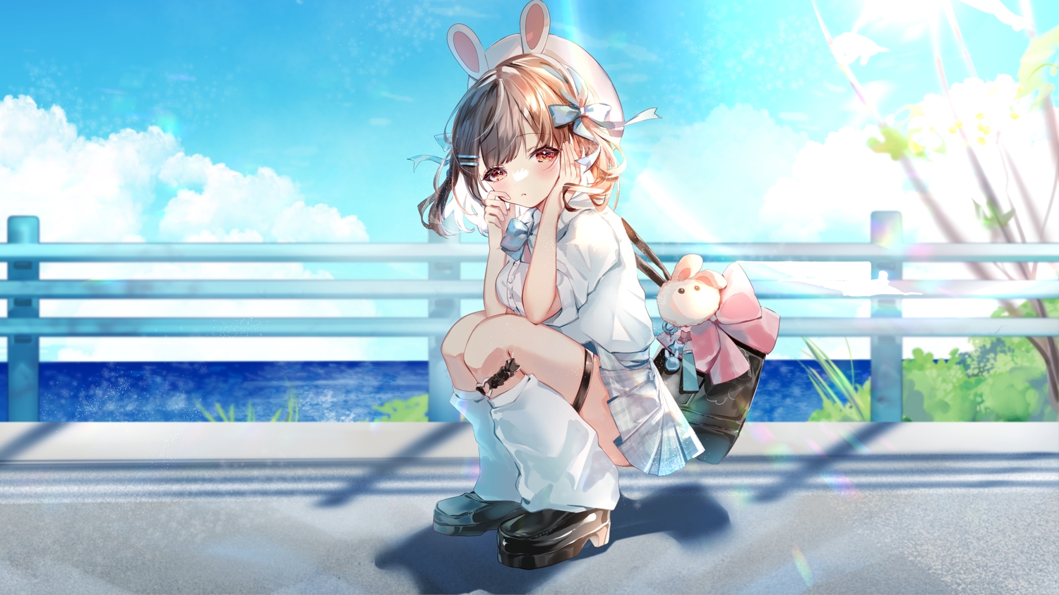 animal_ears, blush, bow, brown_hair, bunny_ears, clouds, garter, hat, hoshimiya_choco, momongapoketto, red_eyes, ribbons, school_uniform, shirt, short_hair, skirt, sky, socks, tree, water