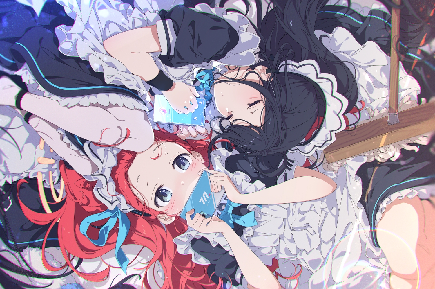 2girls, apron, black_hair, blue_archive, blush, bow, dress, gray_eyes, hanaoka_yuzu, long_hair, maid, ogipote, pantyhose, phone, ponytail, red_hair, ribbons, sleeping, tendou_arisu_(blue_archive), wristwear