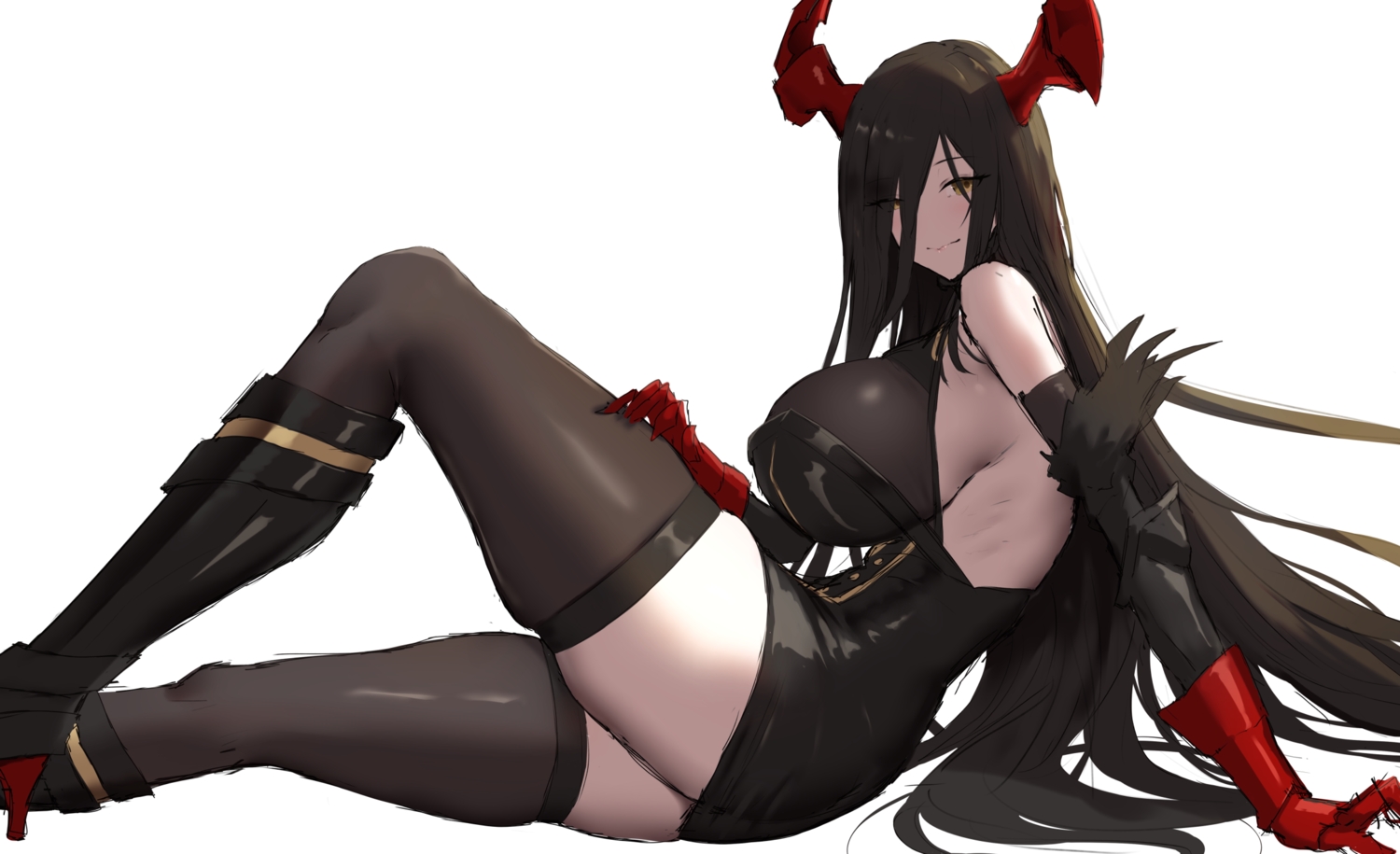 anthropomorphism, azur_lane, black_hair, breasts, dress, friedrich_der_grosse_(azur_lane), gloves, horns