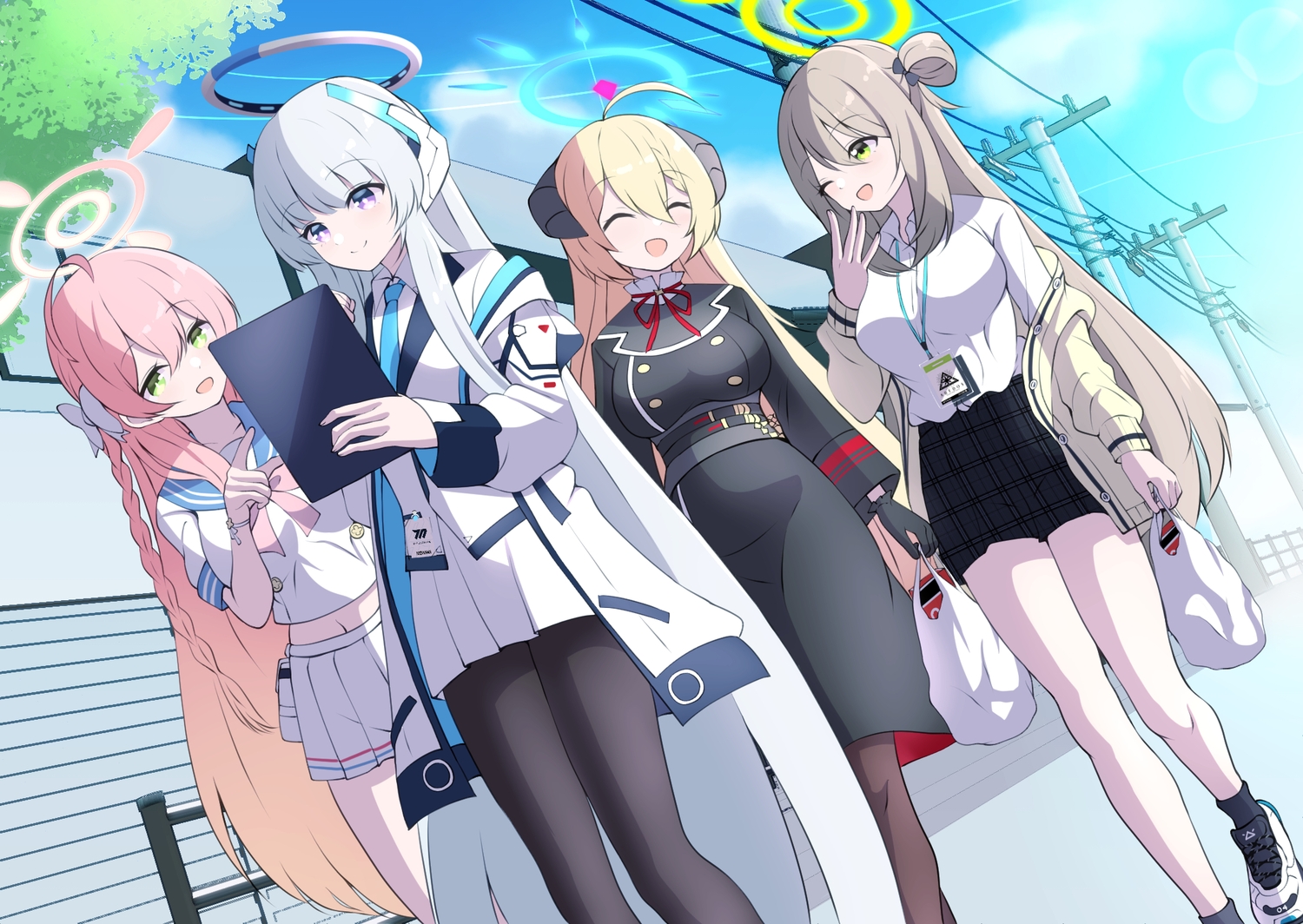 blonde_hair, blue_archive, bow, braids, brown_hair, clouds, dress, gloves