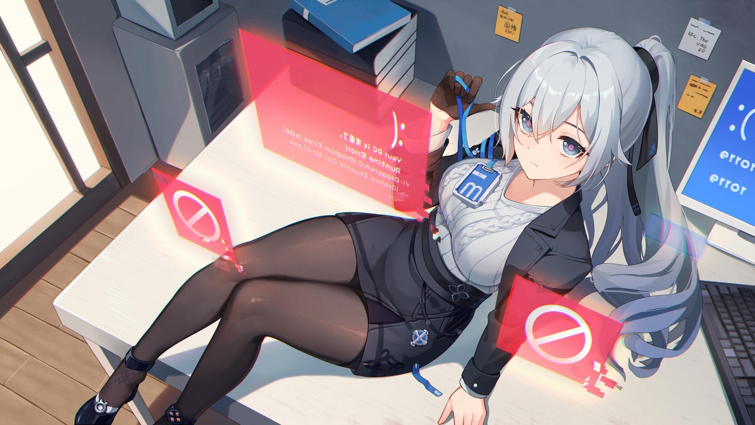 book, bow, bronya_zaychik, computer, gloves, gray_eyes, gray_hair, honkai_impact