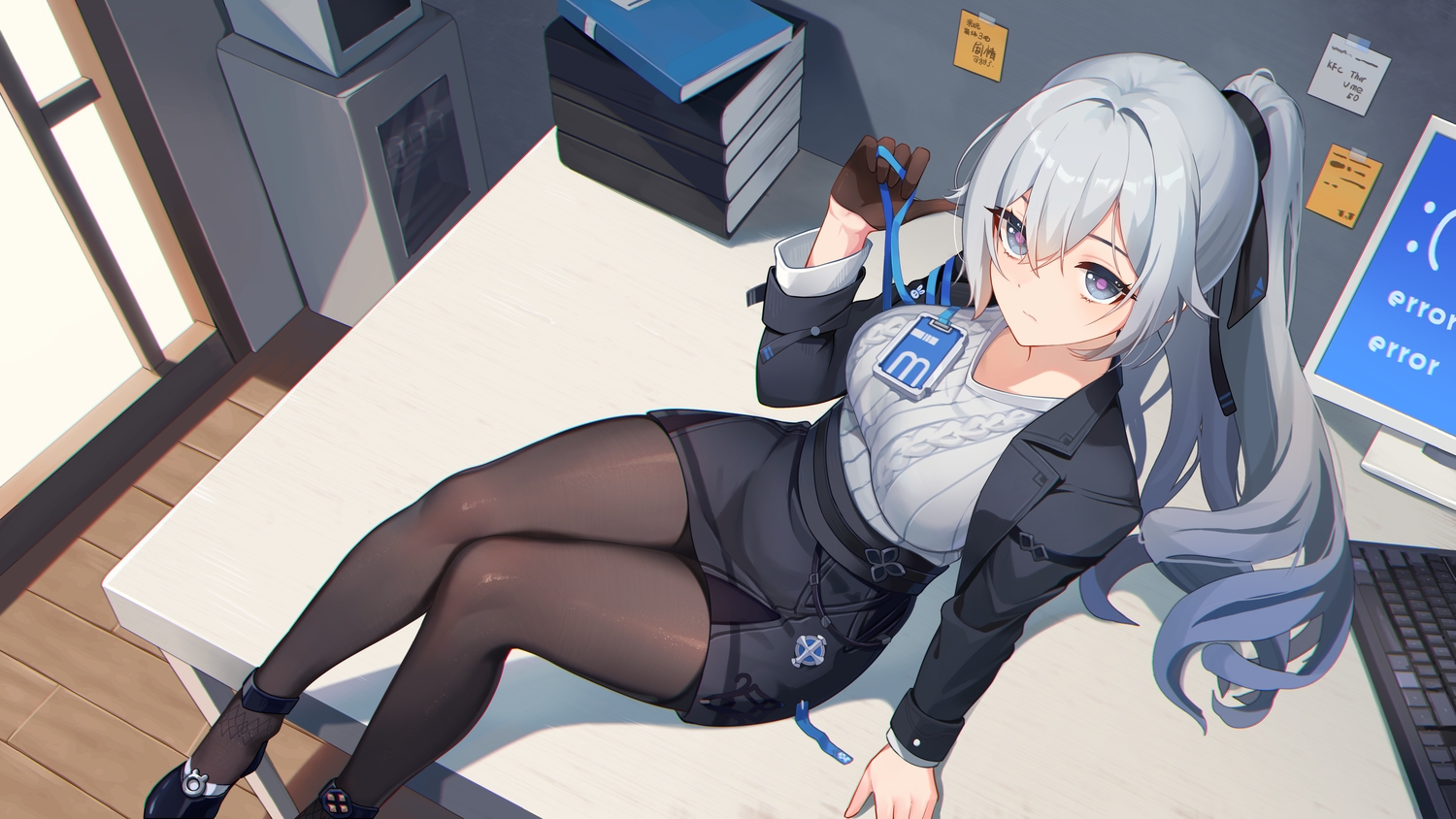 book, bow, bronya_zaychik, computer, gloves, gray_eyes, gray_hair, honkai_impact