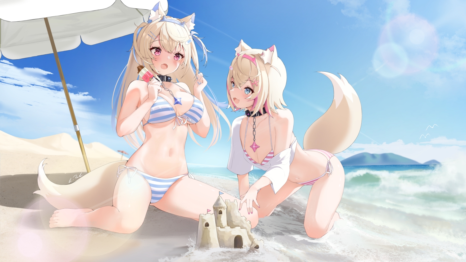 2girls, animal_ears, barefoot, beach, bikini, blonde_hair, blue_eyes, blush, breasts, cat_smile, cleavage, clouds, collar, doggirl, fang, food, fuwawa_abyssgard, headband, hololive, ice_cream, long_hair, lukas_reule, mococo_abyssgard, navel, pink_eyes, popsicle, shirt, short_hair, sky, spread_legs, swimsuit, tail, twins, umbrella