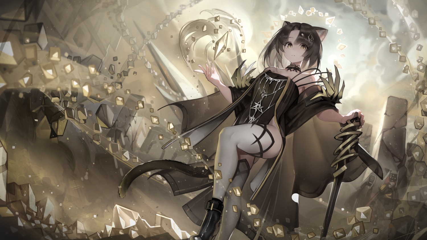 animal_ears, arknights, black_hair, boots, cape, choker, clouds, dress