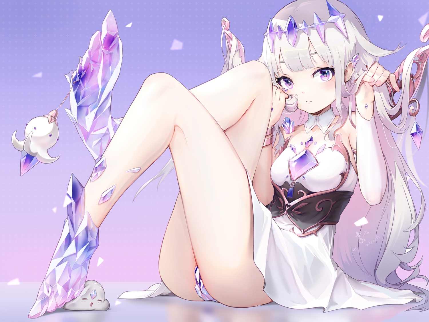 327564857, corset, dress, gradient, gray_hair, headdress, hololive, koseki_bijou