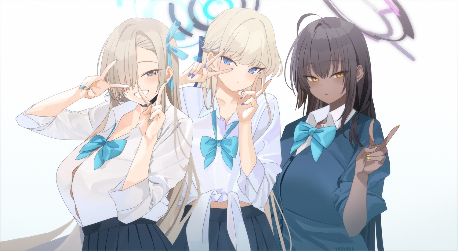 asuma_toki, black_hair, blonde_hair, blue_archive, blue_eyes, bow, braids, brown_hair, choker, close, dark_skin, halo, ichinose_asuna, kakudate_karin, long_hair, school_uniform, shirt, skirt, tnr_(horiko1525), yellow_eyes