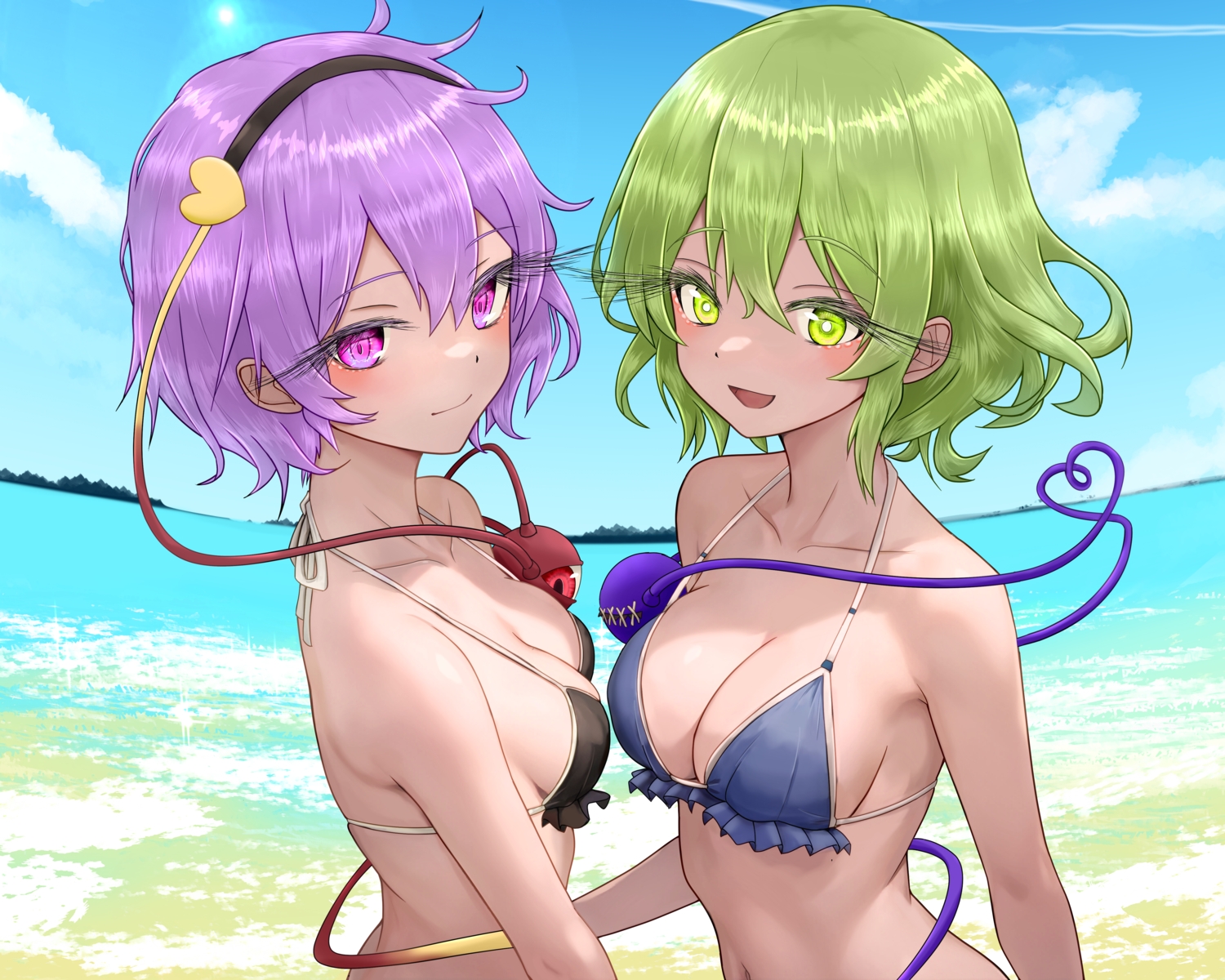 2girls, bikini, breasts, cleavage, close, clouds, green_eyes, green_hair, headband, komeiji_koishi, komeiji_satori, navel, purple_eyes, purple_hair, short_hair, sky, sugar_you, swimsuit, touhou, water