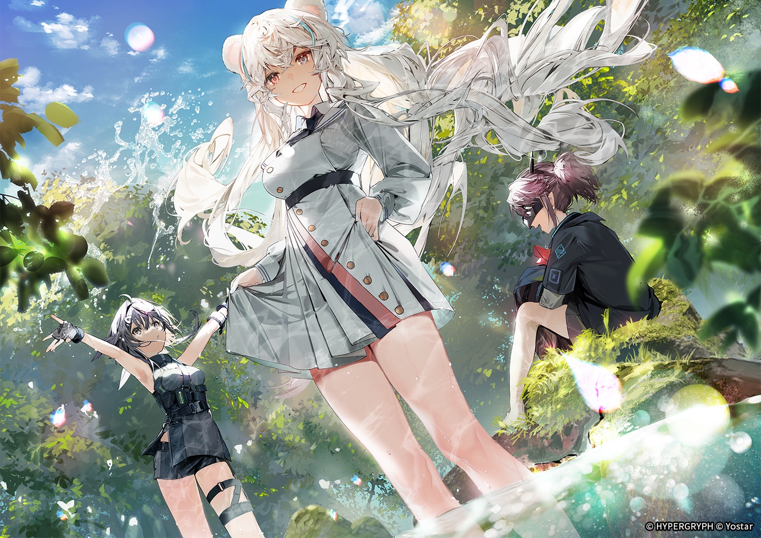 animal_ears, arknights, bicolored_eyes, black_hair, brown_hair, clouds, dress, garter