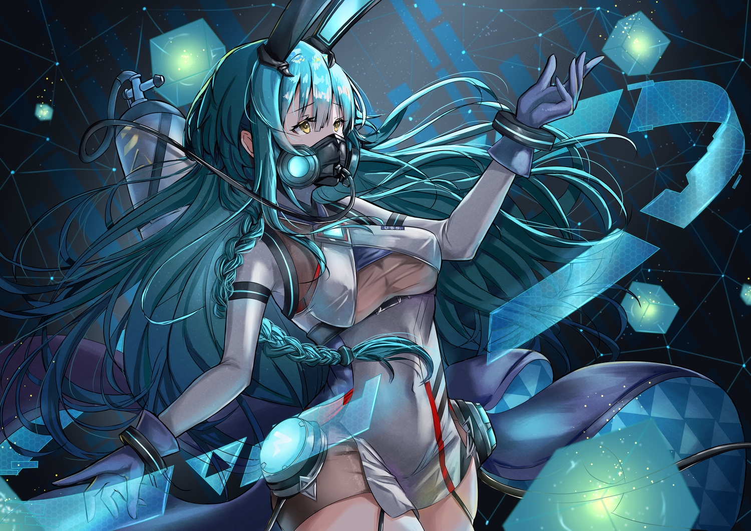 animal_ears, anthropomorphism, aqua_hair, azur_lane, boise_(azur_lane), breasts, bunny_ears, dress