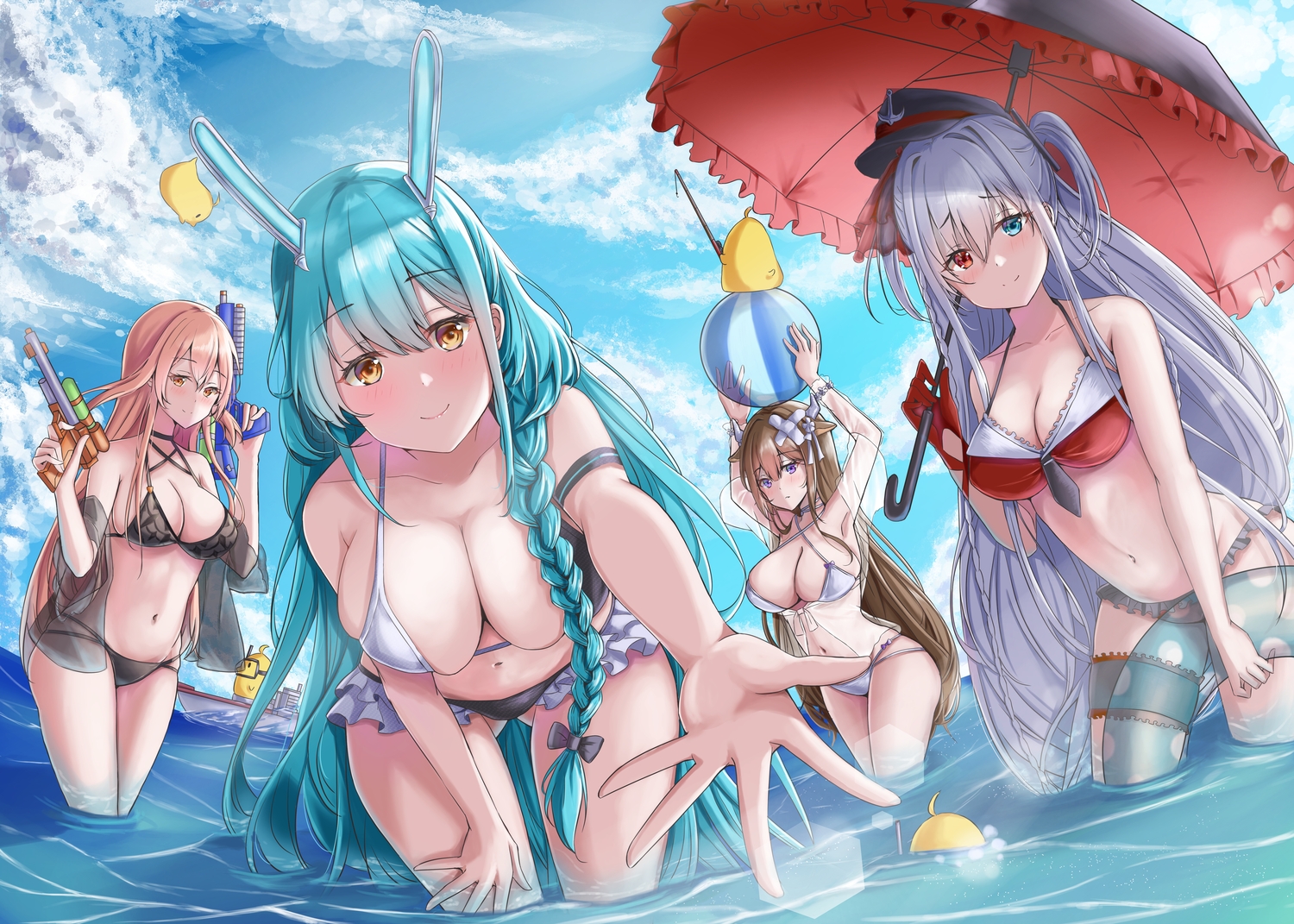 animal, animal_ears, anthropomorphism, aqua_hair, azur_lane, ball, bicolored_eyes, bikini