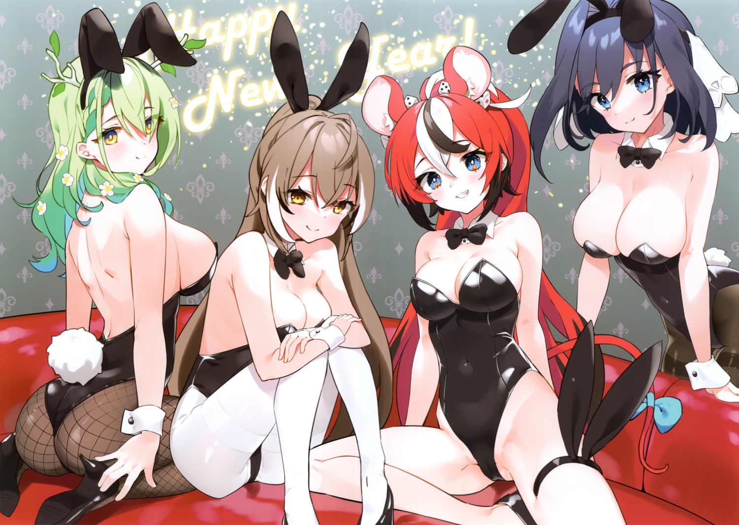 animal_ears, ass, black_hair, blue_eyes, blush, bow, braids, breast_hold