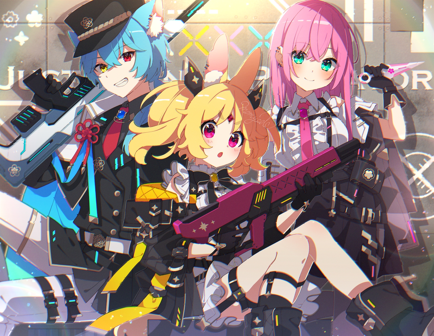 2girls, animal_ears, aqua_hair, bicolored_eyes, blonde_hair, blush, boots, bow