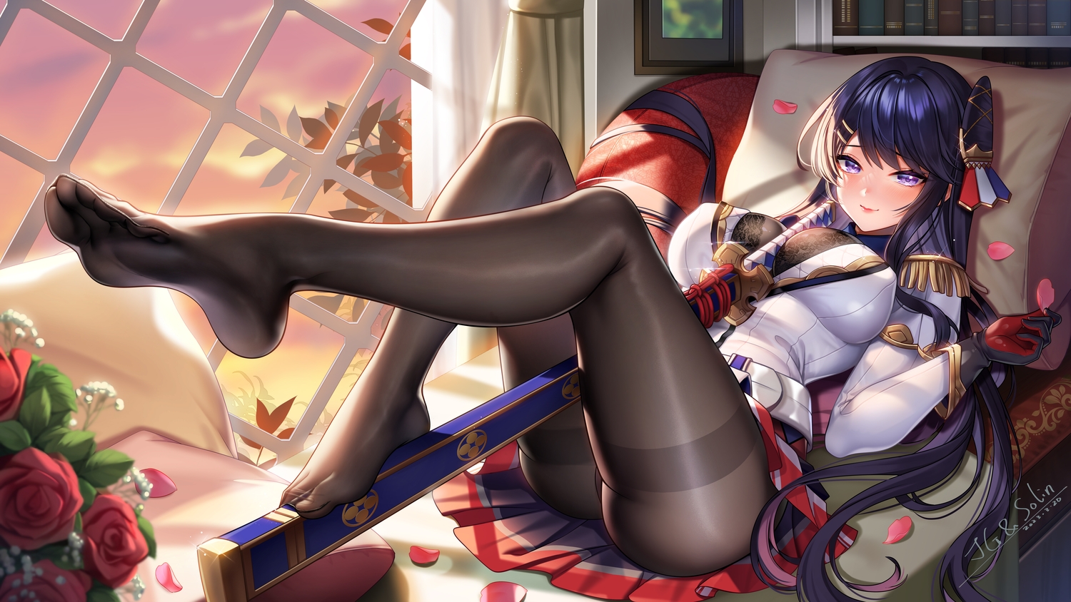 bed, black_hair, blush, breasts, clouds, erect_nipples, flowers, gloves, jg&solin, katana, kurokami_tsukuyo, leaves, long_hair, millennium_tour, pantyhose, petals, purple_eyes, rose, signed, skirt, sky, sunset, sword, uniform, weapon