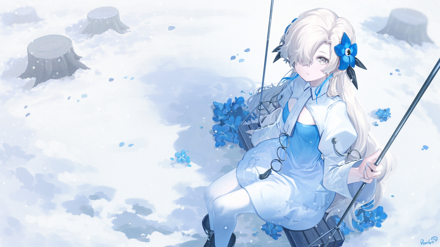 boots, dango_remi, dress, flat_chest, flowers, gray_eyes, gray_hair, isekaijoucho, kamitsubaki_studio, long_hair, pantyhose, petals, signed, snow