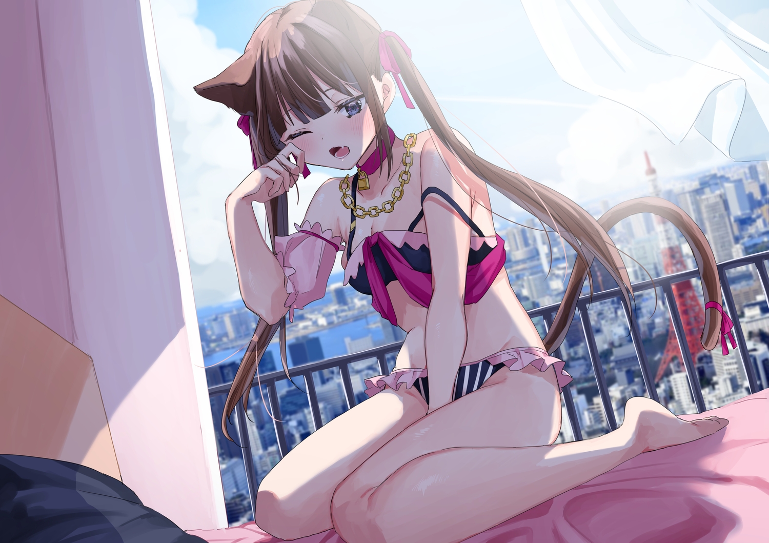 animal_ears, barefoot, bed, blue_eyes, blush, brown_hair, building, catgirl