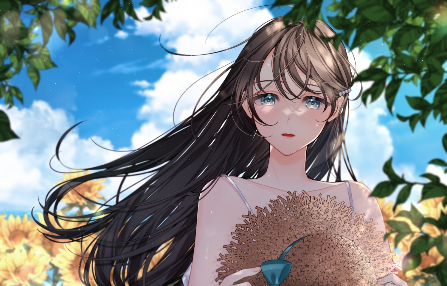 blush, brown_hair, close, clouds, flowers, gray_eyes, hanasato_(okashino), hat, leaves, long_hair, original, shade, sky, summer, sunflower