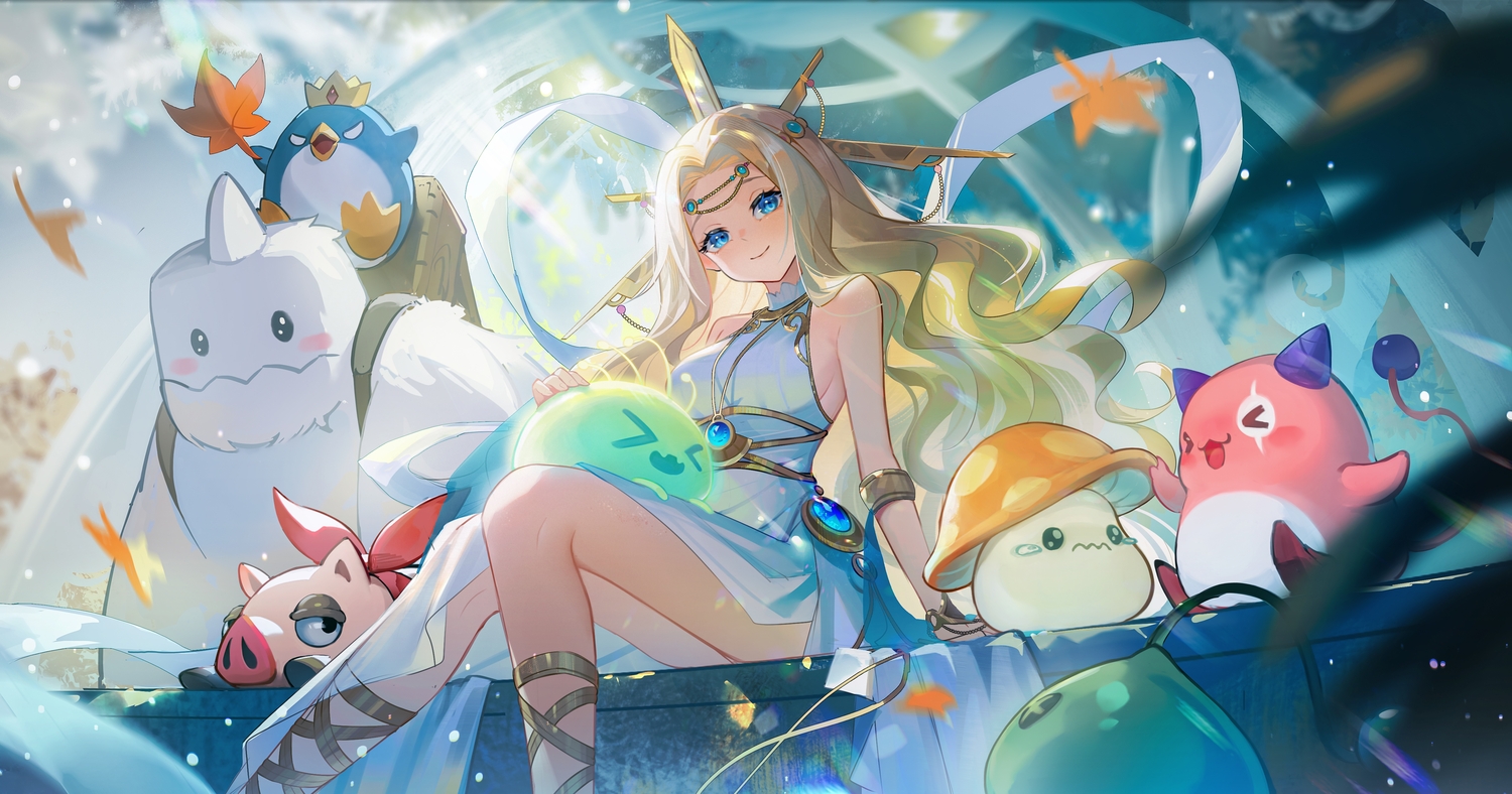 akihara_nozomi, animal, blonde_hair, blue_eyes, blush, crown, cygnus_(maplestory), dress