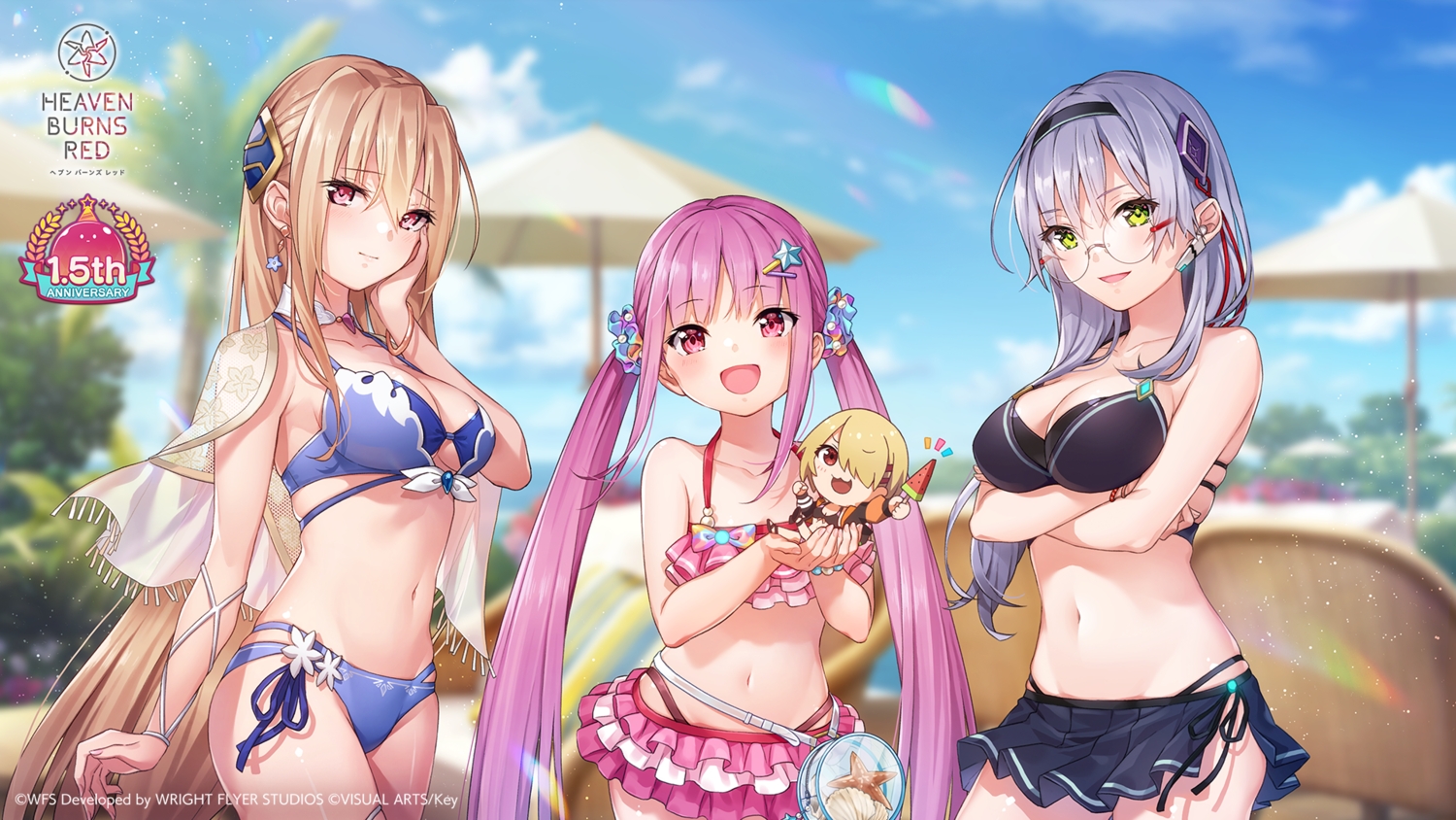 bikini, blonde_hair, blush, breast_hold, breasts, brown_hair, cape, cat_smile, chibi, cleavage, clouds, glasses, gray_hair, green_eyes, group, headband, heaven_burns_red, izumi_yuki, kayamori_ruka, kunimi_tama, loli, long_hair, navel, pink_hair, popsicle, red_eyes, shirakawa_yuina, short_hair, skirt, sky, swimsuit, tagme_(artist), tree, twintails, umbrella, watermark, wristwear