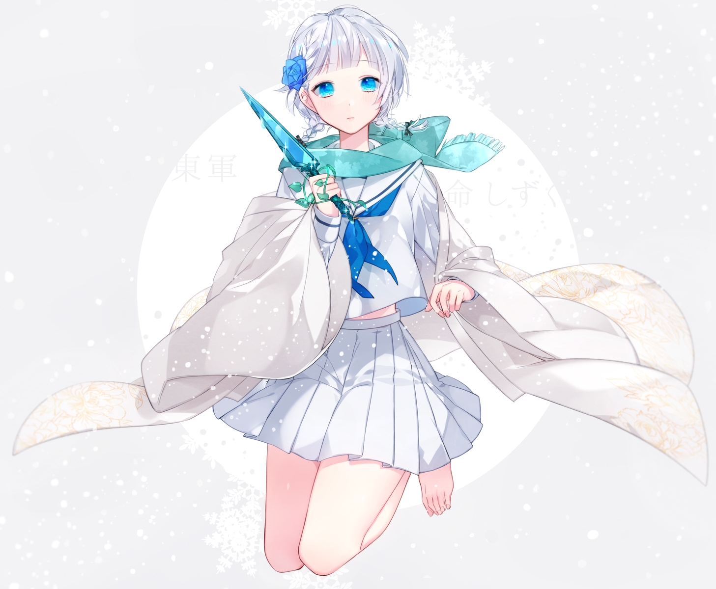 aqua_eyes, barefoot, blush, braids, gray, gray_hair, hanasato_(okashino), japanese_clothes