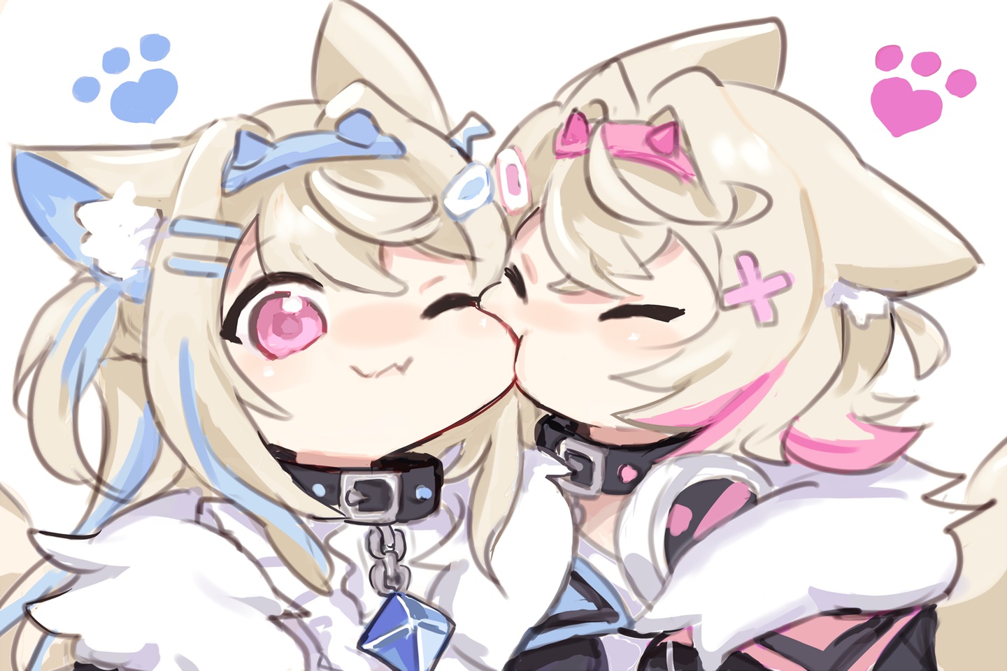 2girls, animal_ears, blonde_hair, cat_smile, chain, close, collar, doggirl, fang, fuwawa_abyssgard, headband, headphones, hololive, hood, kiss, long_hair, mococo_abyssgard, pink_eyes, short_hair, shoujo_ai, sketch, tail, twins, wink, yuuyu_(777)