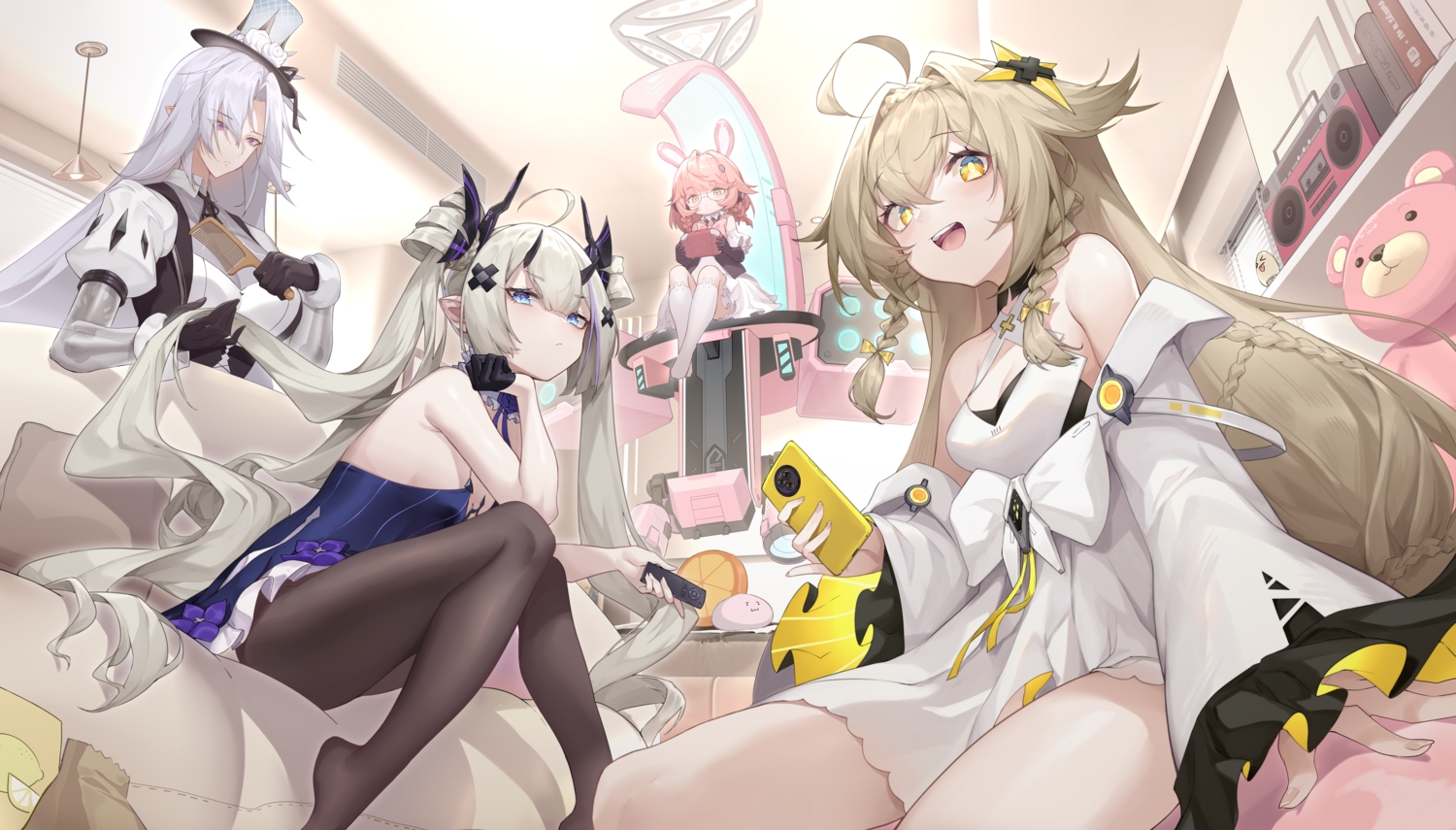 anchor_panic, animal_ears, blue_eyes, blush, book, bow, braids, breasts, brown_hair, bunny_ears, bunnygirl, cleavage, dress, elbow_gloves, game_console, glasses, gloves, gray_hair, group, hat, headphones, kneehighs, loli, pantyhose, phone, pink_hair, pointed_ears, purple_eyes, shanyao_jiang_tororo, short_hair, tagme_(character), teddy_bear, yellow_eyes