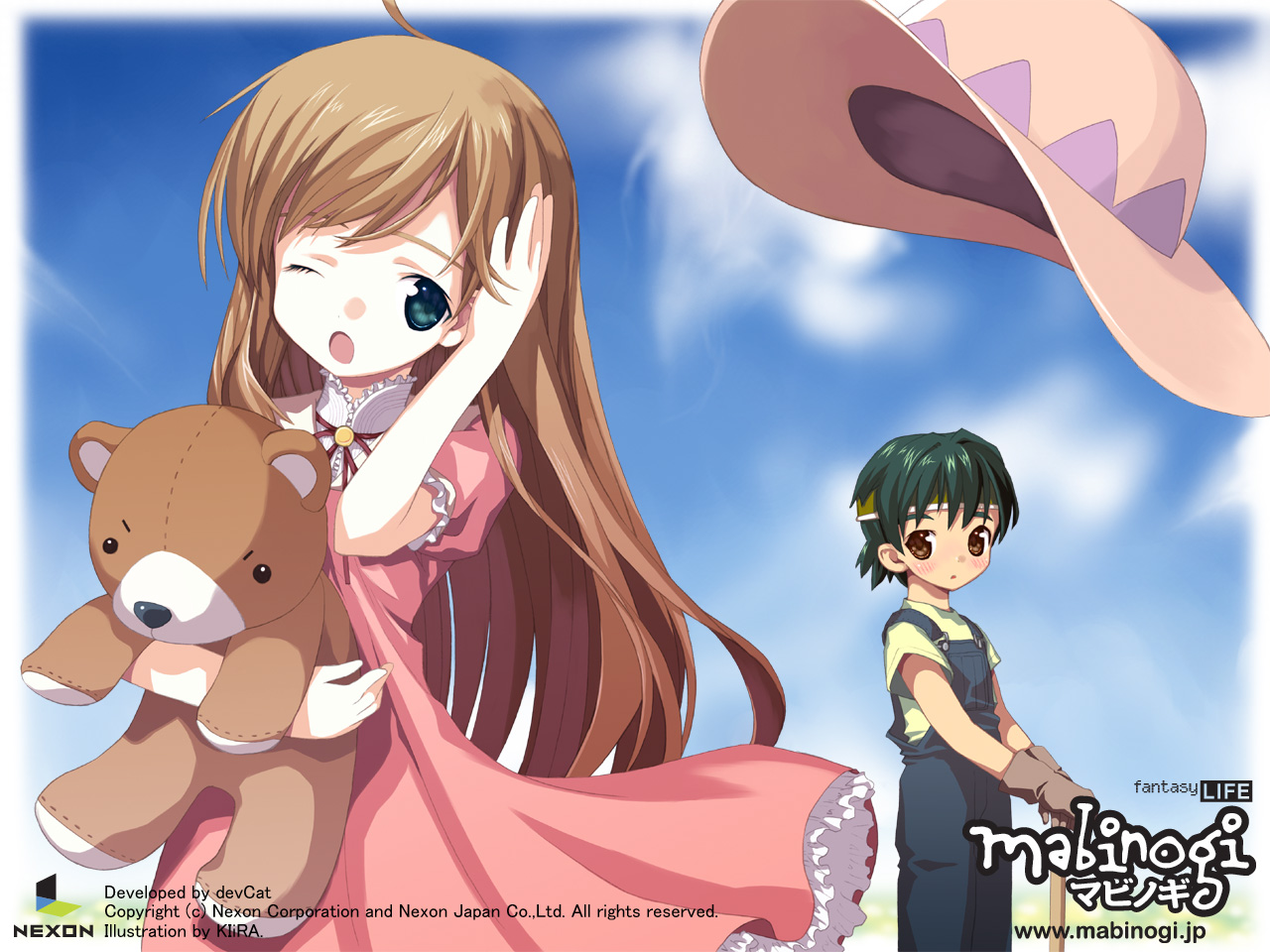 brown_eyes, brown_hair, clouds, dress, gloves, green_eyes, green_hair, hat, ibbie, mabinogi, sion, sky