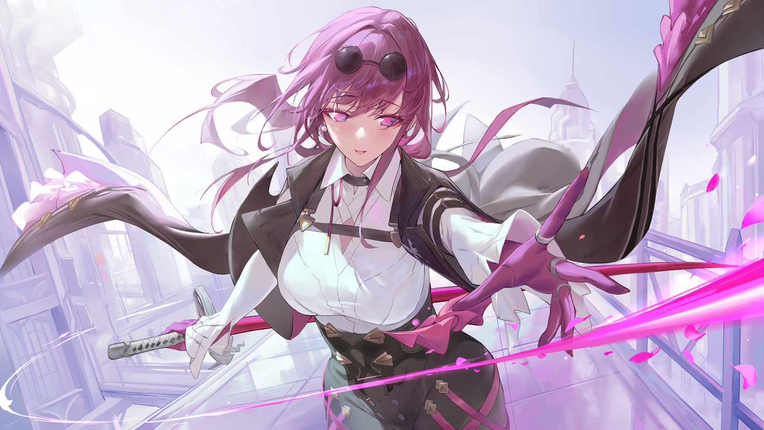 building, city, gloves, honkai_(series), honkai:_star_rail, kafka_(honkai:_star_rail), long_hair, pdxen