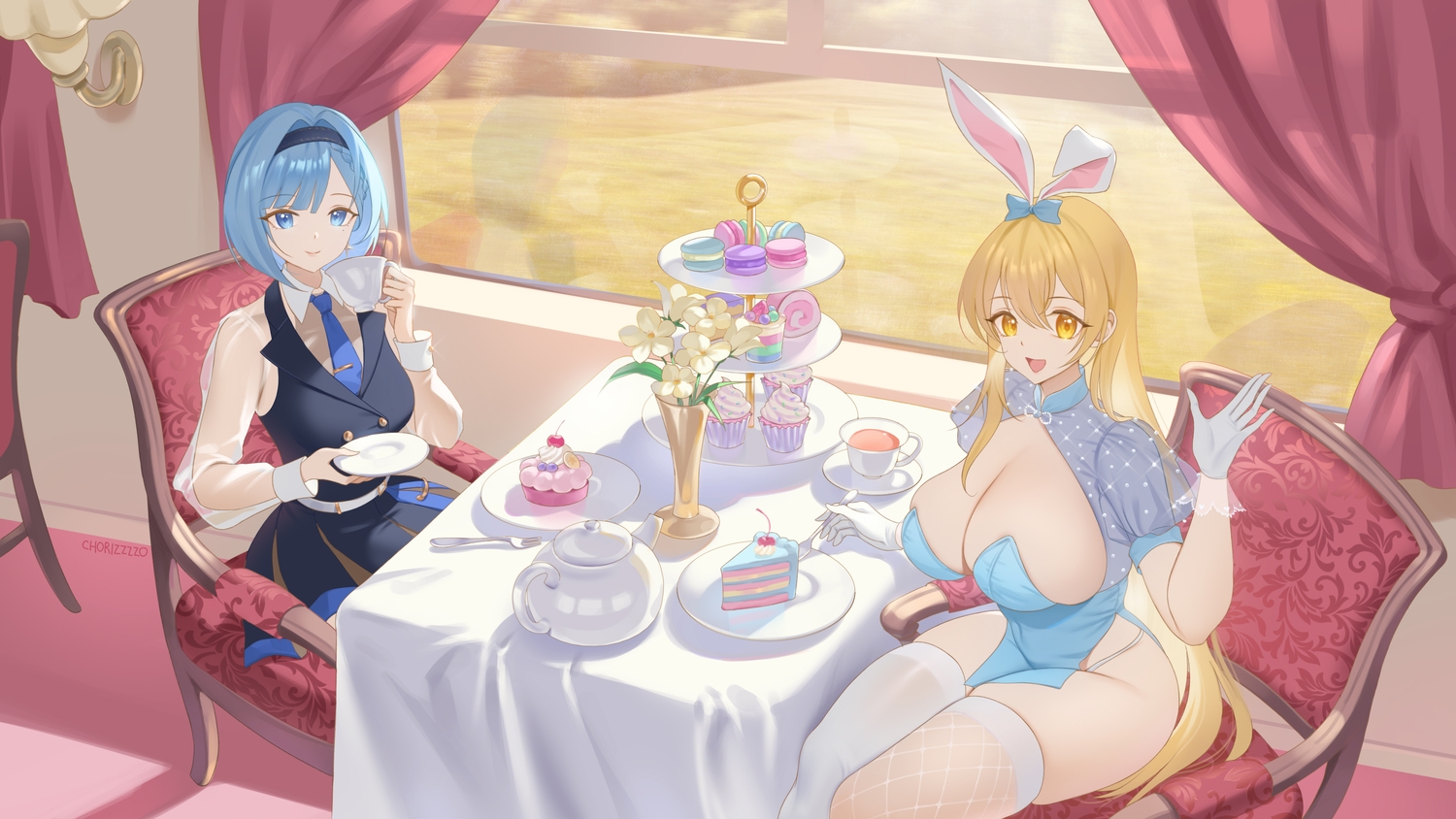 2girls, animal_ears, blonde_hair, blue_eyes, blue_hair, braids, breasts, bunny_ears