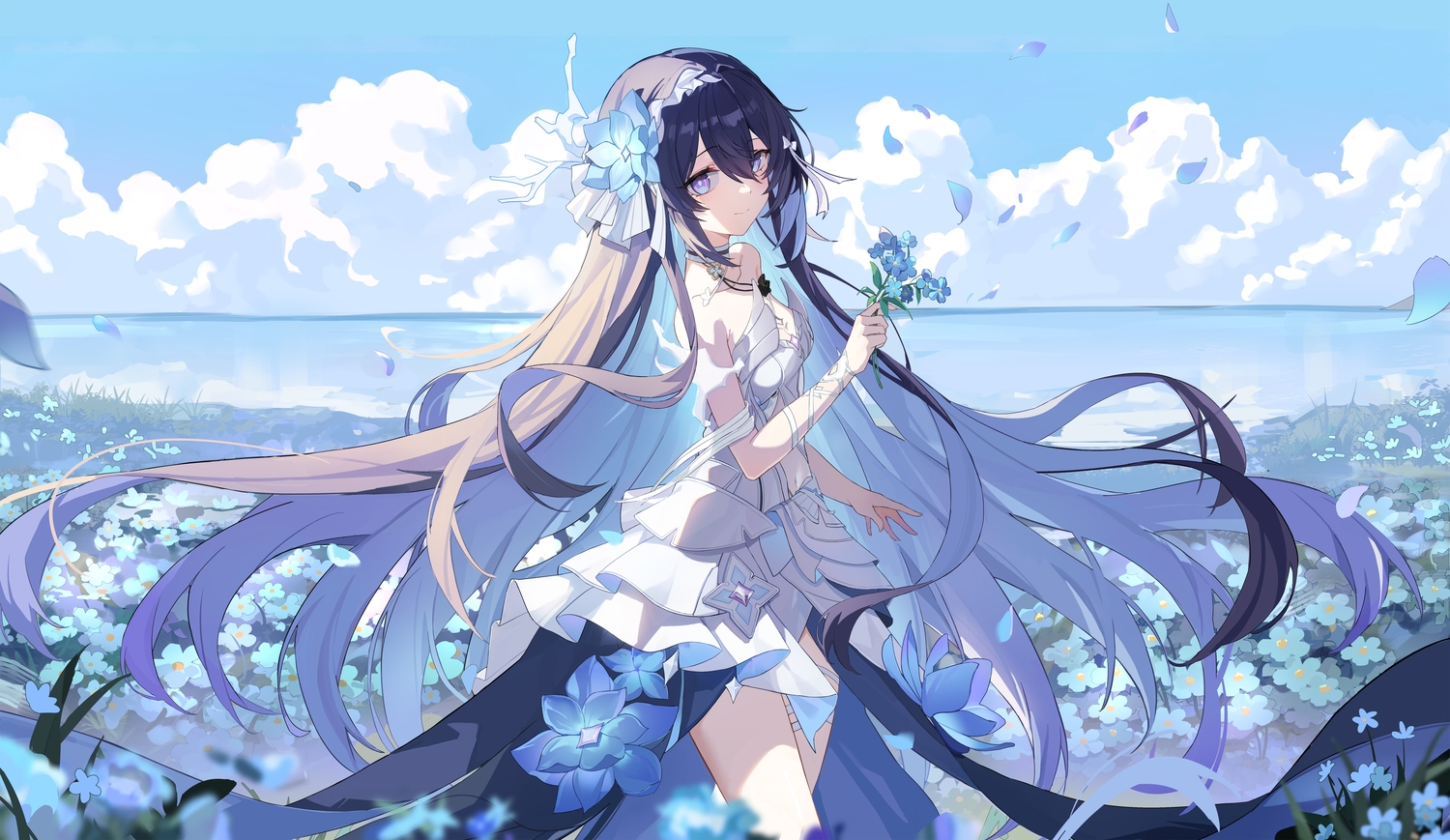 black_hair, breasts, chenmu_sora, choker, cleavage, clouds, dress, flowers, garter, honkai_impact, honkai_(series), long_hair, purple_eyes, seele_vollerei, sky, water, wristwear