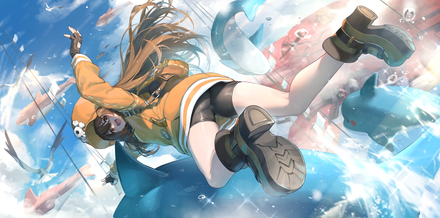 aircraft, animal, ass, bike_shorts, bird, boots, brown_eyes, brown_hair