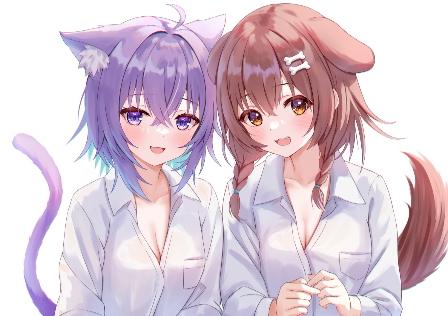 2girls, animal_ears, blush, braids, breasts, brown_eyes, brown_hair, catgirl