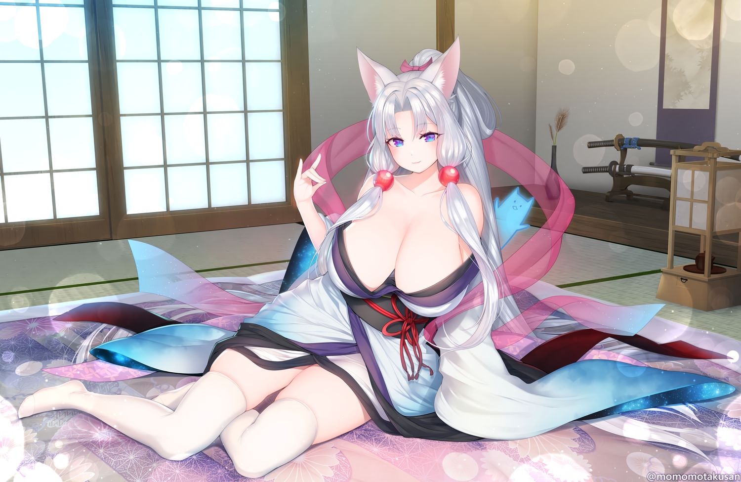 animal_ears, breasts, foxgirl, gray_hair, japanese_clothes, kashiwamochi_yomogi, katana, kimono