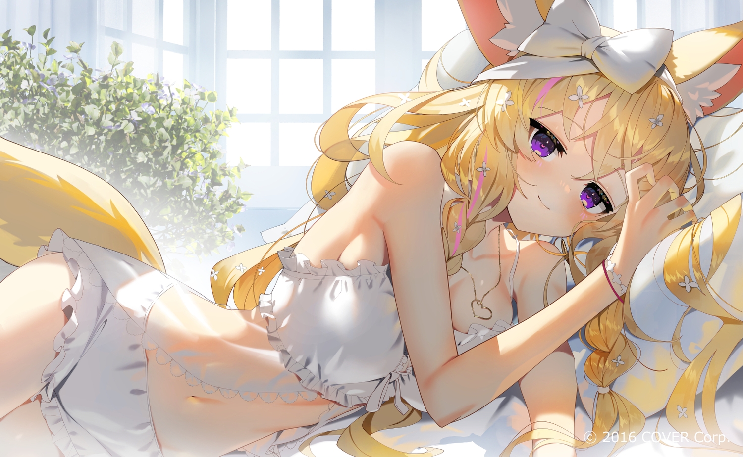 aliasing, animal_ears, bed, blonde_hair, bloomers, bow, braids, breasts
