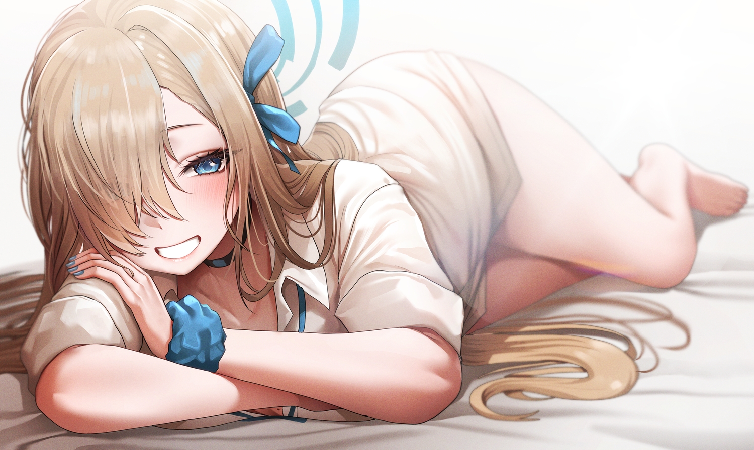 barefoot, blue_archive, blue_eyes, blush, bow, brown_hair, choker, close
