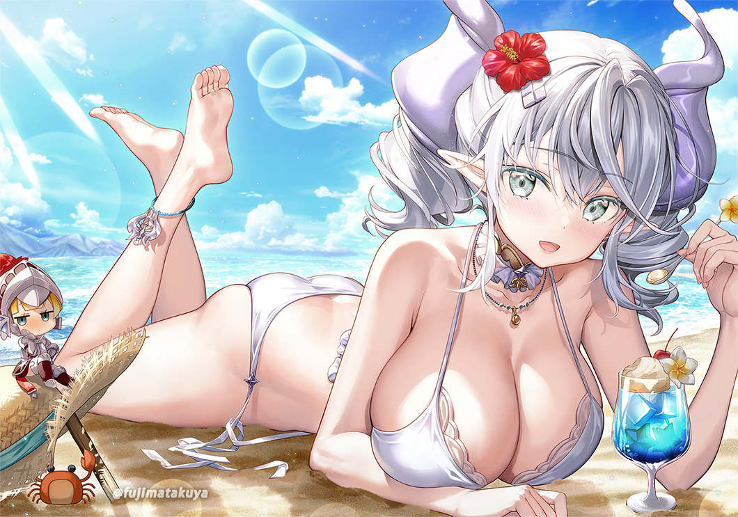 animal, armor, ass, barefoot, beach, bikini, blush, breasts