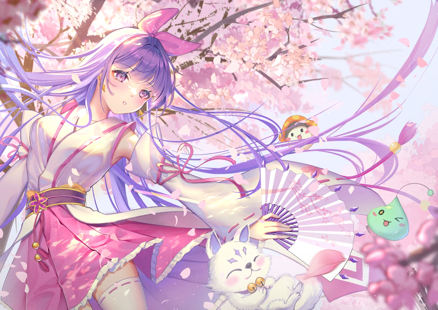 animal, arua, cherry_blossoms, fan, flowers, headband, japanese_clothes, kanna_(maplestory), long_hair, maplestory, miko, petals, purple_eyes, purple_hair, skirt, thighhighs