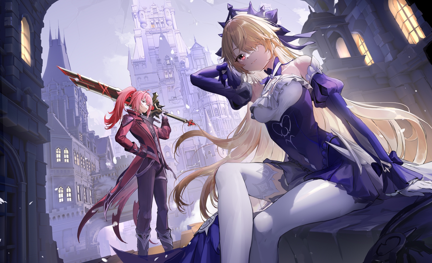 blonde_hair, building, chain, city, diluc_ragnvindr, dress, eyepatch, fischl_(genshin_impact)