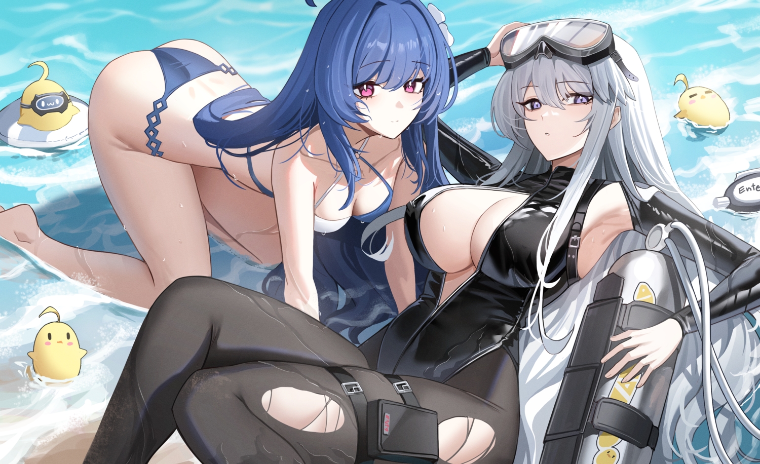 2girls, animal, anthropomorphism, ass, azur_lane, barefoot, beach, bikini
